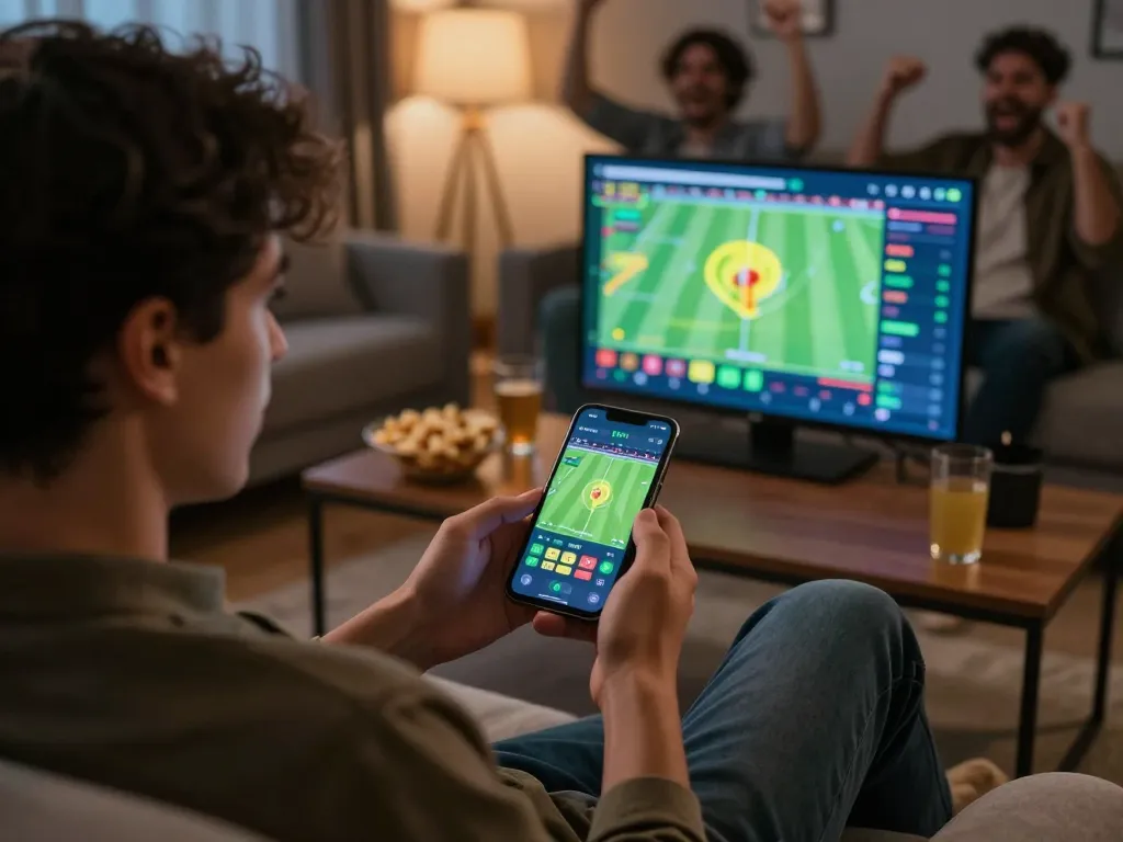 Engaging moment of a viewer using Socolive TV app for live soccer betting during an exciting match, capturing the thrill of online gambling.