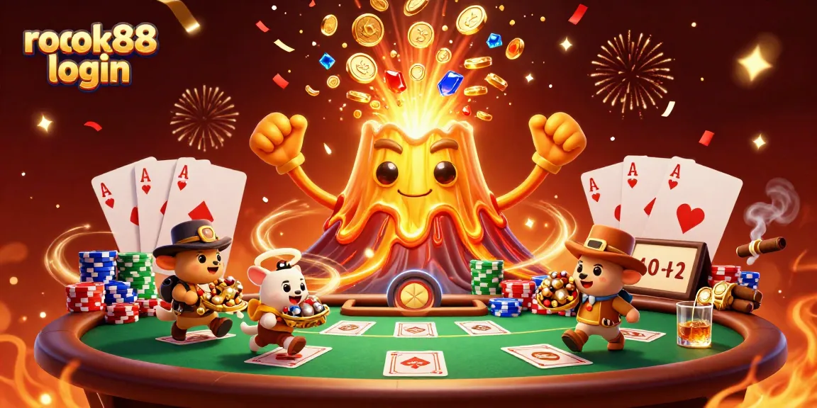 Engage in exciting gameplay with ROKOK88 login, featuring a vibrant 3D scene of treasures and poker elements.