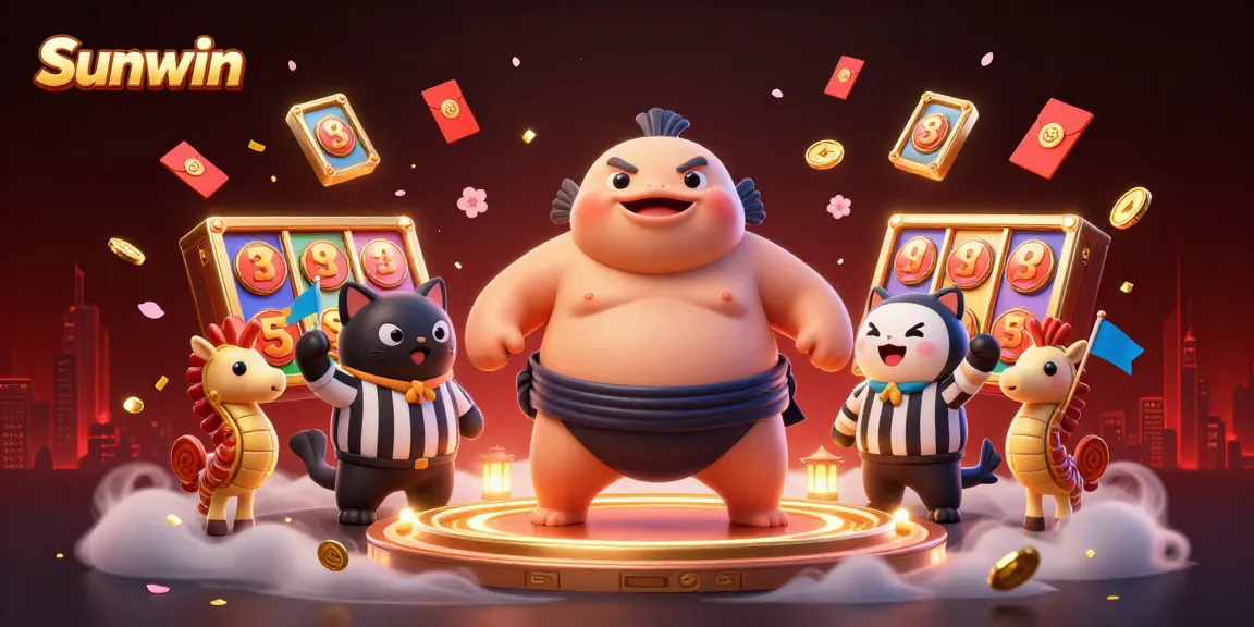 Sunwin jackpot gaming scene featuring 3D characters amid vibrant slot elements and celebratory details